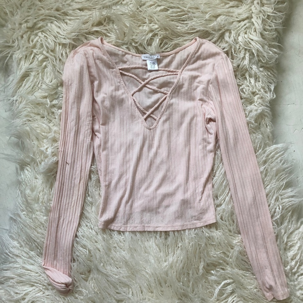 Pale Pink Deep V Long Sleeve Shirt